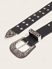 cheap Women&#039;s Belt-Women&#039;s Western Style Belt with Embossed Buckle and Studded Detailing, Faux Leather Adjustable Waist Belt for Casual and Vintage Outfits