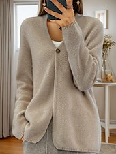 billige Cardigans og yttertøy-damegenser cardigan genser jakke v-hals strikket knapp strikket vår høst hjem daglig helg elegant daglig myk langermet ren farge camel beige