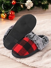 ieftine Flip-Flops de Damă-papuci de damă în carouri căptușiți cu lână - pantofi de casă roșii și negri, în carouri de bivol, cu guler de blană artificială pentru confortul iernii