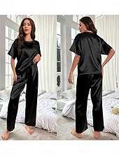 billiga Pajamasättare-pyjamas för kvinnor 2 stycken ren färg mode hem andas crew neck kortärmad t-shirt byxor sommar hem outfits