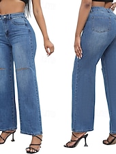 お買い得  ストレートレッグパンツ-女性用 標準 ジーンズ ストリートファッション スタイリッシュ 全長 ハイウエスト 純色 ポケット 快適 通気性 ソフト マイクロエラスティック ストリート 日常 ライトブルー ダークブルー 春 &amp; 秋 ルーズフィット