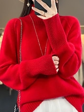 billige Solide farger-Dame Genser Pullover genser Fritid Myk Ren farge Riflet Crew-hals Strikket Langermet Vanlige topper Strikke utendørs Daglig Helg Hvit Rød Høst Vinter