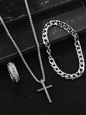 cheap Accessories For Men-Men&#039;s Alloy Cross Necklace, Chain Bracelet, and Engraved Ring Set – Durable and Stylish Christian Jewelry