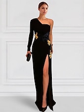 preiswerte SCHWARZ-schwarzes A-Linien-Abendkleid, besticktes elegantes Kleid, formelles, bodenlanges, langärmliges One-Shoulder-Stretch-Crêpe mit Schlitzapplikationen 2025