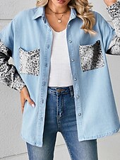 economico Giacche per camicie-Per donna Giacca di jeans Esterno Strada Da tutti i giorni Autunno Inverno Standard Cappotto Standard Traspirante Moda Informale Giacca Manica lunga Leopardo Con tasche Stampa Nero Bianco Blu
