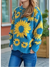 cheap Graphic shop Sweatshirts &amp; Hoodies-Women&#039;s Sweater Pullover Sweater Jumper Casual Soft Floral Ribbed Crew Neck Knitted Long Sleeve Regular Tops Knit Outdoor Daily Weekend Black Blue Fall Winter