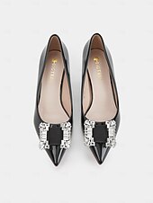 cheap Kitten Heels-Women&#039;s Black Patent Leather Pumps with Crystal Embellished Bow – Elegant Pointed-Toe Kitten Heels for Formal Events and Evening Wear
