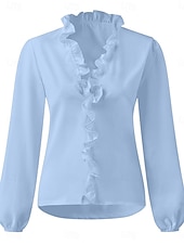 economico Top eleganti-Per donna Camicia Blusa Tinta unica Essenziale Informale Manica lunga A V Top regolari Giornaliero Con balze Bianco Blu Autunno Inverno