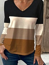 economico T-shirt a righe e geometrico-Per donna maglietta A strisce Informale Manica lunga A V Top regolari Giornaliero Stampa Marrone Primavera Autunno