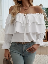 voordelige Chique Blouses-Dames Overhemd Blouse Ruche Blote rug Effen Kleur Basic Casual Lange mouw Schouderafhangend Normale tops Dagelijks Zwart Wit Herfst