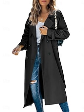 abordables Manteaux Trench-Femme Veste décontractée Travail Bouton Couleur unie Coupe Vent Mode Ample Vêtements d&#039;extérieur manche longue Automne Noir S