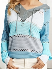 cheap Solid Colors-Women&#039;s Sweater Pullover Sweater Jumper Casual Soft Pure Color Ribbed Hooded Hollow Out Knitted Long Sleeve Regular Tops Knit Outdoor Daily Weekend Blue Gray Fall Winter