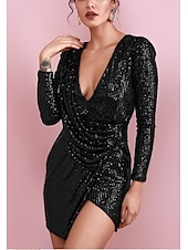 abordables Robes à paillettes-mini robe pailletée pour femme à manches longues col en V drapée argentée glamour cocktail soirée tenue automne hiver