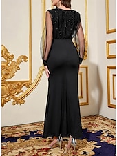 preiswerte Cocktailkleider-Schwarzes Kleid Meerjungfrau Cocktailkleider Glänzendes Kleid Formal Tee Länge Lange Ärmel V-Ausschnitt Pailletten mit Glitzer Kleidern