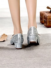 abordables Chaussures de danses latines-chaussures de danse Mary Jane à paillettes dorées pour femmes – chaussures de salon à talon bas pour événements spéciaux et spectacles