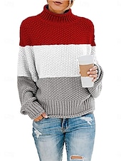 abordables Motifs graphiques et détails-Femme Pull Chandail Pull Décontractées Flexible Rayé A côtes Mao Patchwork Tricoté manche longue Hauts réguliers Tricoter Extérieur du quotidien Fin de semaine Noir Rouge Automne Hiver