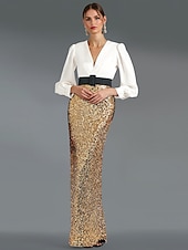 preiswerte GELB-Schwarzes und goldenes/paillettenbesetztes Meerjungfrau-Abendkleid, elegantes Kleid, bodenlang, lange Ärmel, V-Ausschnitt, Gürtel/Schärpe mit Schlitz, 2025