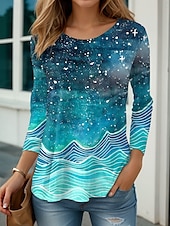 economico Maglietta Arte &amp; Design-Per donna Maglietta Ombre Casual Manica Lunga Girocollo Top Regolari Quotidiano Stampato Blu Primavera Autunno
