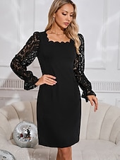 ieftine rochie mini neagra-Pentru femei Rochie neagra Rochii Midi Dantelă Elegant Pătrat Manșon Lung Negru Culoare