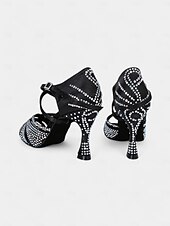 abordables Chaussures de danses latines-Escarpins de danse pour femmes en strass dorés avec brides croisées et semelle en daim – idéals pour les spectacles de danse de salon et de danse latine
