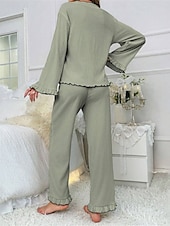 abordables Pijamas para mujeres-Conjunto de pijama para mujer, color puro, informal, cómodo, para el hogar, uso diario, cálido, cuello en V, camisa de manga larga, pantalón, cintura elástica, conjuntos para el hogar para otoño e
