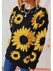 cheap Graphic shop Sweatshirts &amp; Hoodies-Women&#039;s Sweater Pullover Sweater Jumper Casual Soft Floral Ribbed Crew Neck Knitted Long Sleeve Regular Tops Knit Outdoor Daily Weekend Black Blue Fall Winter