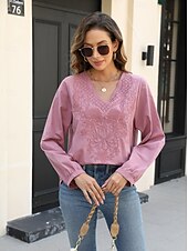 economico Camicie-Per donna Camicia Boho Camicie ispirate al lino Floreale Casual Manica Lunga Manica a Vescovo Scollo a V Top Regolari Vacanza Lavoro Quotidiano Ricamato Rosa Autunno Autunno &amp; Inverno