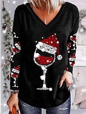preiswerte Weihnachts-T-Shirts-Damen Bluse Langarm V-Ausschnitt Print Weihnachtsmannmütze Weingläser Urlaubs T-Shirt Schwarz Festlich Casual Party Top Bequem
