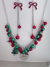 abordables Collar de mujer-Conjunto festivo de collar y pendientes navideños con campanas navideñas y adornos de bombillas brillantes: perfecto para fiestas navideñas