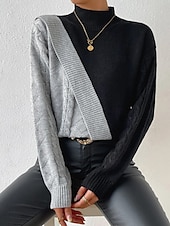 olcso Grafikus minták és részletek-Női Pulóver Elegáns Divat Napi Színes Mock Neck Kötött Hosszú ujj Normál felsők Kötött Munka Fekete Ősz Tél