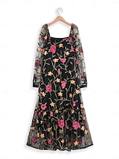 preiswerte abendkleider-Damen schwarzes kleid Maxidress Rüsche Bestickt Elegant Quadratischer Ausschnitt Langarm Schwarz Farbe