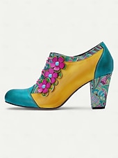 olcso Block Heels-női színes virágos, fűzős blokksarkú cipő - vintage stílusú bőr bokacsizma dekoratív virág díszítéssel