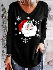 preiswerte Weihnachts-T-Shirts-Damen Bluse Langarm V-Ausschnitt Print Weihnachtsmannmütze Weingläser Urlaubs T-Shirt Schwarz Festlich Casual Party Top Bequem