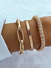 economico Accessori da donna-set di bracciali alla moda color oro da donna: catena spessa, elegante catena a serpente e bracciale rigido strutturato per un look a strati elegante