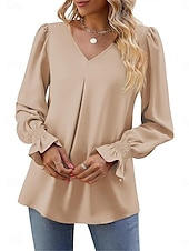 preiswerte Damen Arbeitsoberteile-Damen Hemd Glatt Modisch Modern Brautkleider schlicht Langarm V Ausschnitt Normale Oberteile Täglich Wochenende Rüsche Rote Grün Khaki Herbst Winter