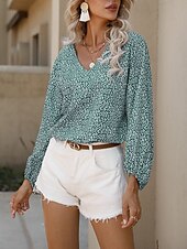 economico Top Grafici da Donna-Per donna Camicia Blusa Floreale Informale Manica lunga A V Top regolari Giornaliero Stampa Blu Verde Autunno Inverno