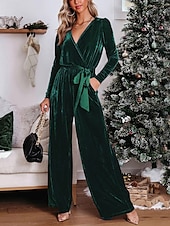 cheap Jumpsuits-Women&#039;s Normal Jumpsuit Stylish Solid Color Long Sleeve Deep V Belted Vacation Party Regular Fit Black Red Blue Spring