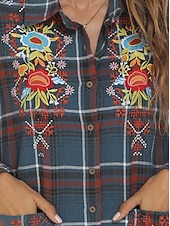 preiswerte Blumenoberteile-Damen Boho-Hemd Blumen Karomuster Blume Lässig Boho Langarm Bischofsärmel Hemdkragen Normale Oberteile Valentinstag Arbeit Täglich Bestickt Blau Frühling, Herbst, Winter, Sommer
