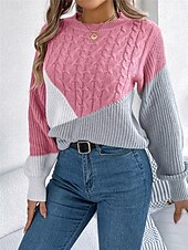 abordables Patrones gráficos y detalles-Mujer Pulóveres Suéter de punto Casual Suave Bloque de color Estriado Cuello Barco Retazos De Punto Manga Larga Tops regulares Tejer Exterior Diario Fin de semana Negro Rosa Otoño Invierno