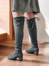 preiswerte Modische Stiefel-Burgunderfarbene Overknee-Stiefel für Damen mit Blockabsatz und Schnürdetail – stylische hohe Stiefel für Herbst- und Winter-Outfits