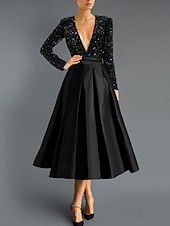 economico Abiti da cocktail-Abiti da cocktail A-Line in oro nero Abito elegante Matrimonio formale Lunghezza tè Maniche lunghe V Neck Matrimonio autunnale Ospite in satin con paillettes scintillanti Abiti Derby 2025