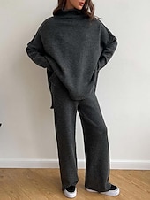 cheap Sweater Co-ords-Women&#039;s Sweater Co-ords Sweater Set Casual Soft Pure Color Ribbed Turtleneck Split Knitted Long Sleeve Regular Tops Knit Outdoor Daily Weekend Khaki Dark Gray Fall Winter