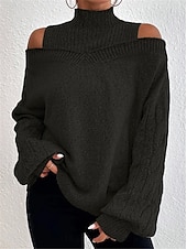 economico Colori solidi-Per donna Felpa Pullover Maglione Informale Morbido Colore puro A coste A collo alto Lavorato a maglia Freddezza Manica lunga Top regolari Maglia Esterno Giornaliero Fine settimana Nero Blu Autunno