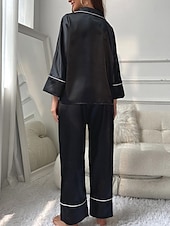 billiga Sovkläder till damer-pyjamasset för kvinnor ren färg avslappnad komfort hem dagligen satin siden komfort varm lapel långärmad skjorta byxa knapp upp resår midja höst vinter hem outfits