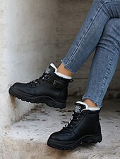 abordables Botines-Botines de mujer beige con cordones y forro de felpa cálido: calzado de invierno para exteriores con suela resistente y detalle de hebilla