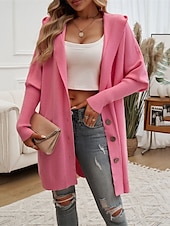 billiga Koftor &amp; Ytterkläder-Dam Tröja Kofta Ledigt Mjukt Ren färg Ribbad Huva Knappar Ficka Stickat Långärmad Långa toppar Sticka Utomhus Dagligen Helgen Svart Fuchsia Höst Vinter