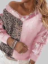 abordables Hauts habillés-Femme Pull Chandail Pull Décontractées Flexible Léopard A côtes Col V Tricoté manche longue Hauts réguliers Tricoter Extérieur du quotidien Fin de semaine Rose Claire Chameau Automne Hiver
