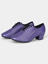 abordables Chaussures de danses latines-chaussures de danse en cuir perforé violet pour femmes - chaussures de jazz à lacets à talon bas pour danse de salon et danse latine