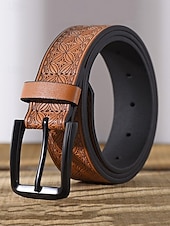 cheap Men&#039;s Belts-Men&#039;s Vintage Embossed Faux Leather Belt with Geometric Pattern – Classic Western Style Fashion Accessory