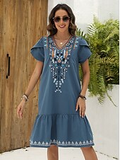 halpa Boho-mekot-Ystävänpäivä Naisten Normaali Mini mekko Rento mekko Pitkähihainen Boho-mekko Boho-mekko Perus Vapaa-aika Boheemi Loma Ystävänpäivä Katu Loose Fit Kukka Asetelma Lyhythihainen V kaula-aukko Sininen